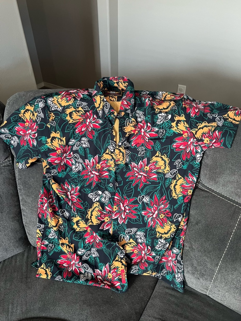 Men's Floral Short-Sleeve Button-Up Shirt - Black with Red & Yellow Flowers